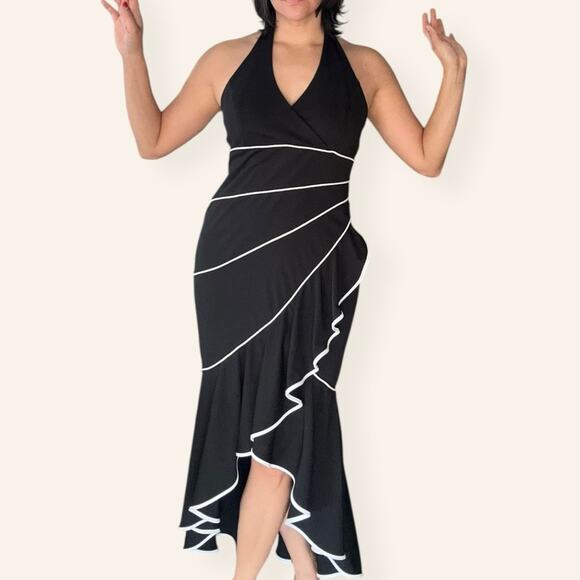 NIKI Black Halter Dress w/ White Trim – Y2K Ruffle Hem, Large - Picture 4 of 5